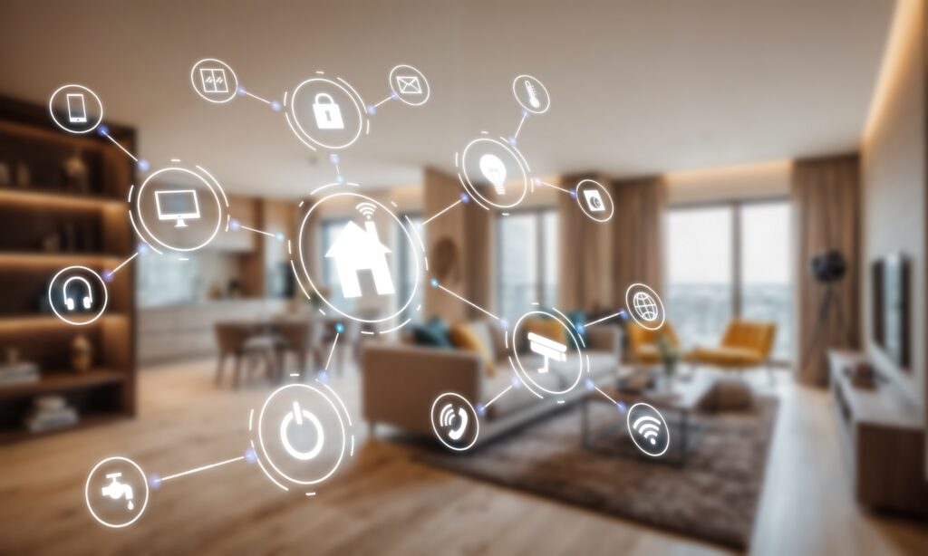 smart,house,concept.,home,automation. Wohnzimmer mit Smart Home Konzept